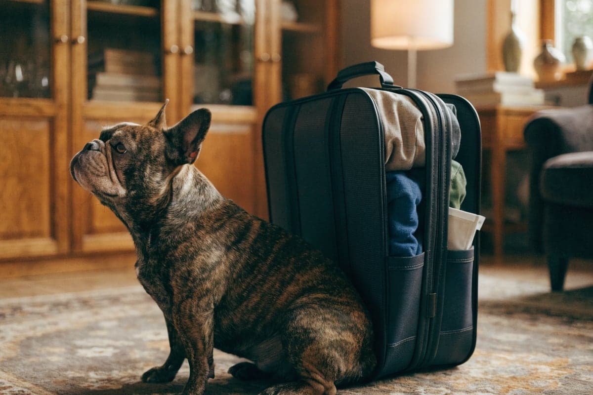 A brindle French Bulldog sitting beside a packed weekend suitcase in a warm living room