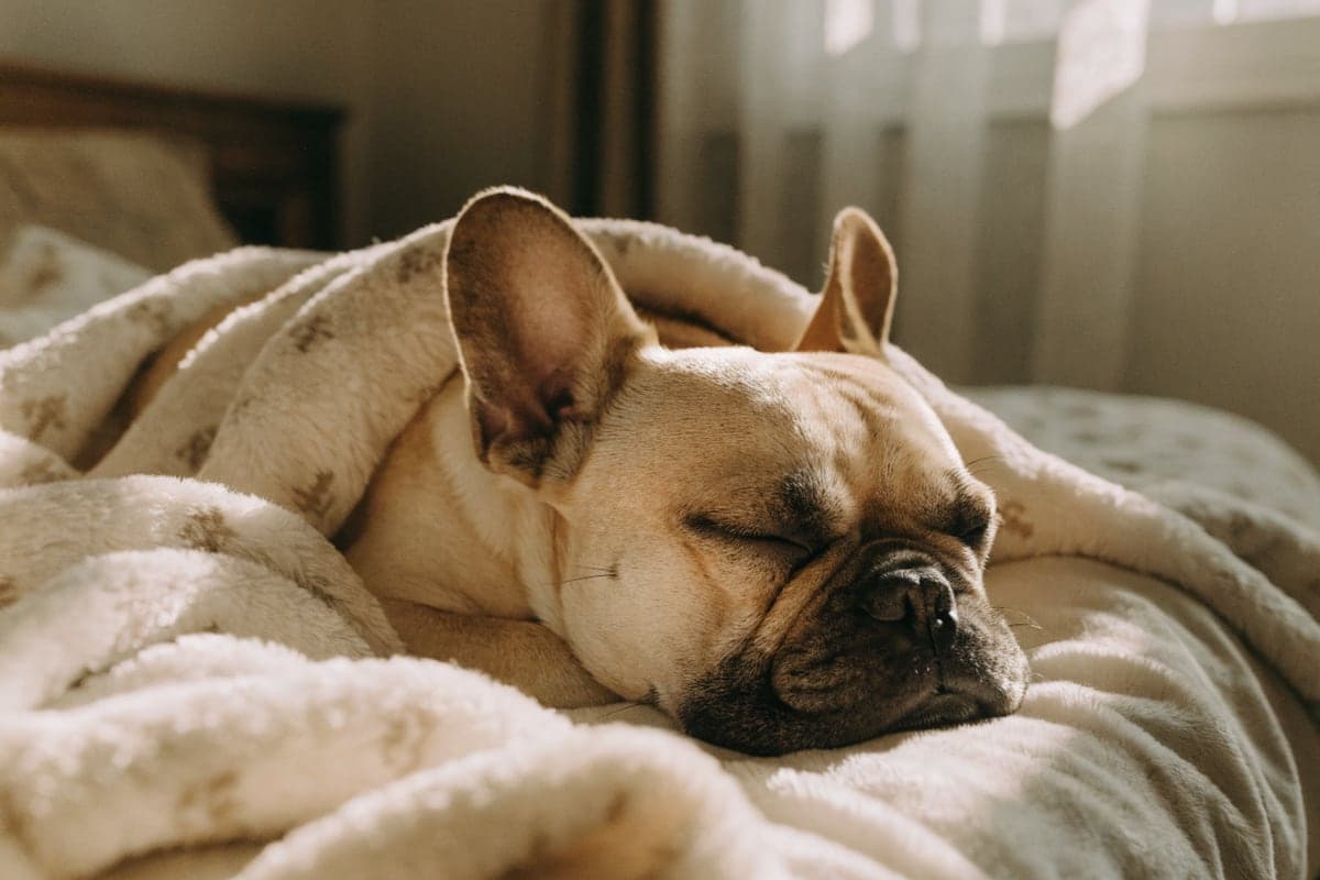 A fawn French Bulldog sleeping calmly on a bed, its chest rising evenly during a nap