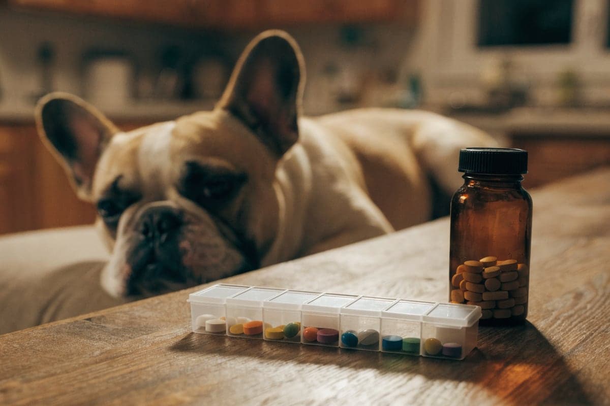 A weekly pill organizer and medicine bottle on a kitchen table, a fawn French Bulldog resting behind