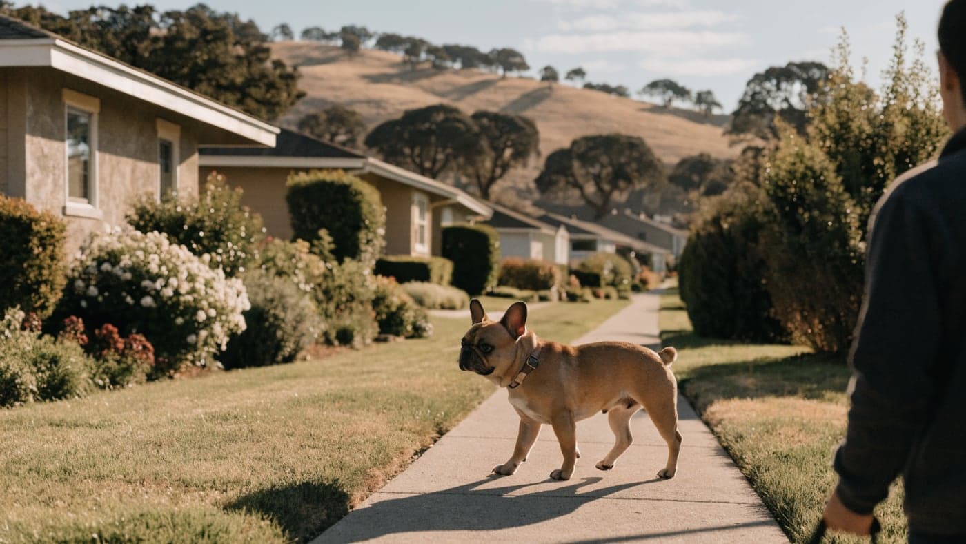 A fawn French Bulldog walking a garden path between ranch homes in oak-dotted hills, its owner just behind