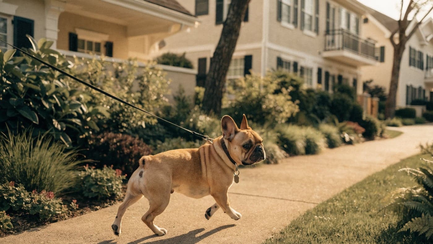 A fawn French Bulldog trotting along a landscaped greenbelt path between cream homes