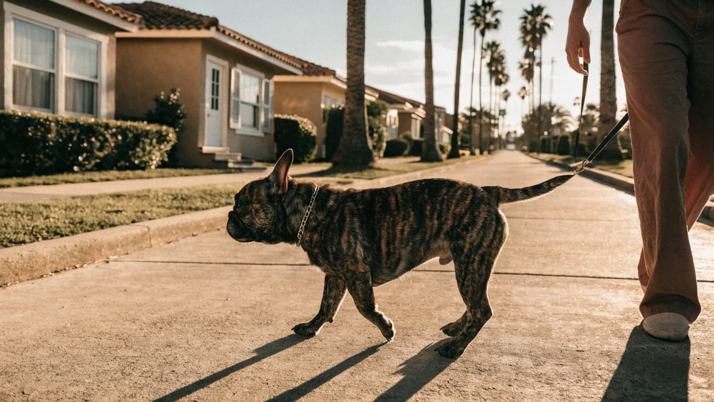 A brindle French Bulldog on a leash walking a palm-lined bungalow street sidewalk beside its owner