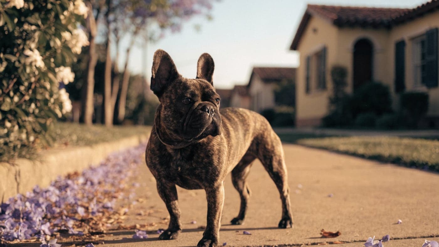 A brindle French Bulldog standing on a sidewalk strewn with jacaranda blossoms outside Spanish-revival bungalows