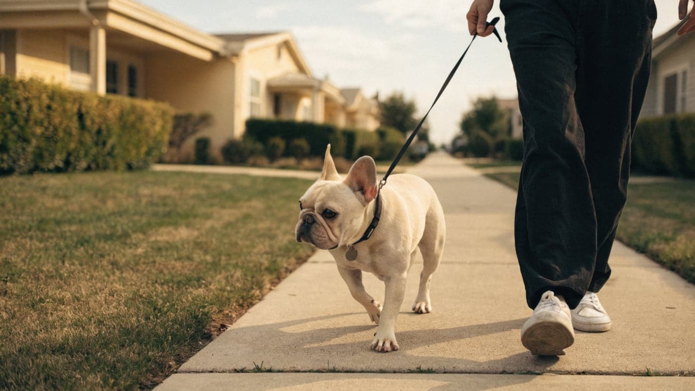 A cream French Bulldog walking on a leash along a Valley sidewalk of ranch homes in warm hazy light