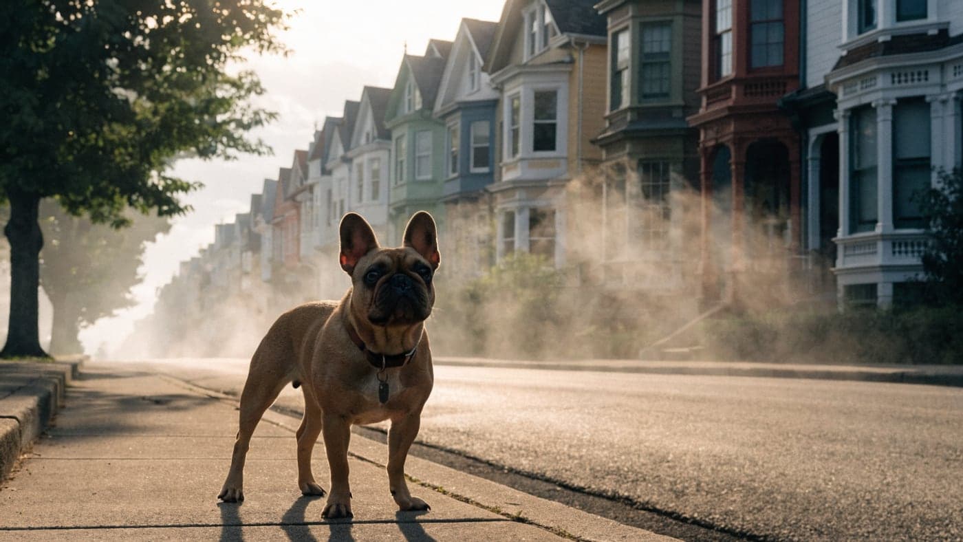 A fawn French Bulldog on the sidewalk of a steep street of painted Victorians in soft fog
