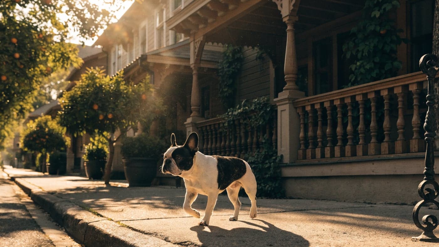 A pied French Bulldog walking past old-town craftsman porches with orange trees
