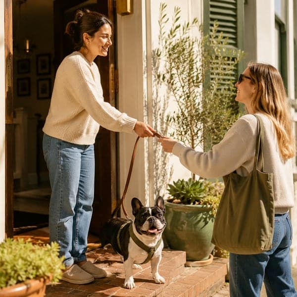 Two neighbors handing off a French Bulldog's leash on a sunny San Francisco doorstep