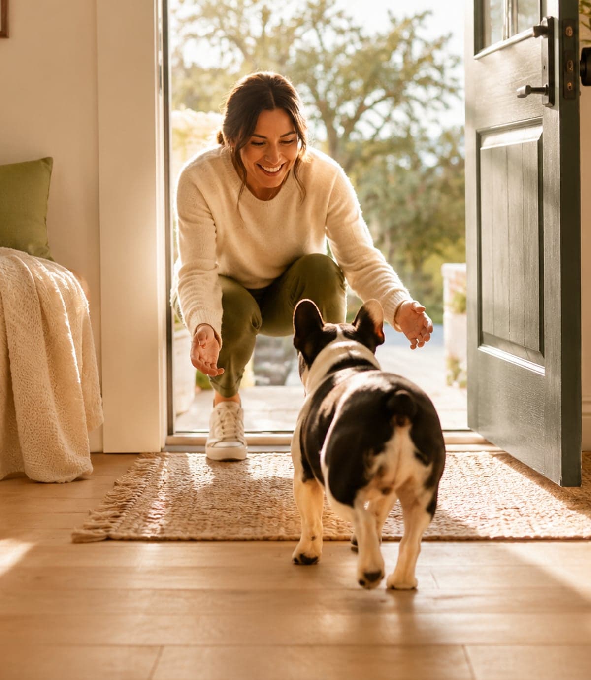 A French Bulldog walking into a warm home toward a smiling woman at the doorway